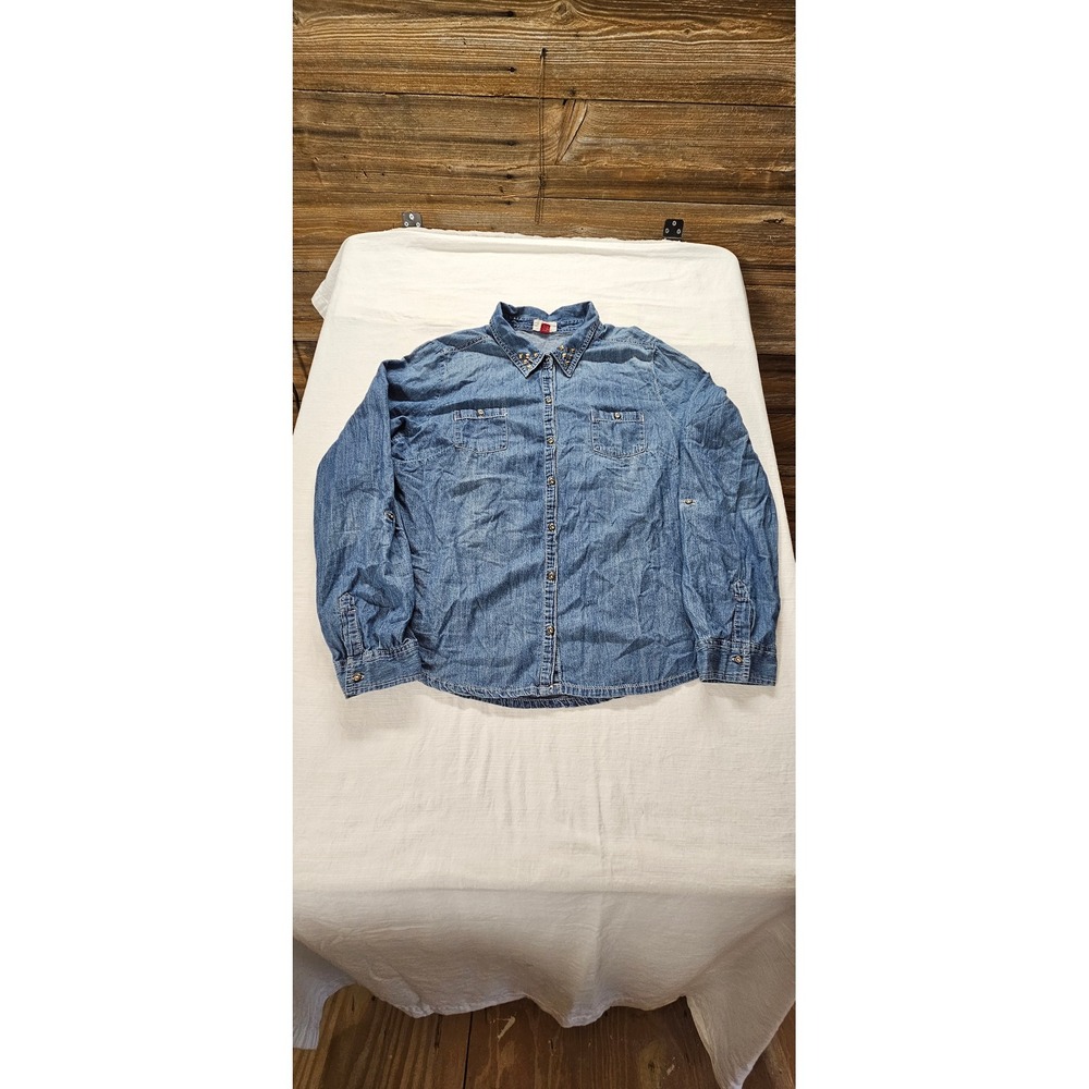 Vintage, Y2K LEI‎ Womens XXL Medium Wash Denim Studded Collar Button Down